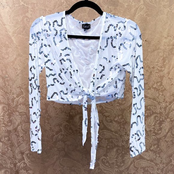 90s Y2k Women's Sequin Luxury Shrug Cejon Tie Front Mesh Crop Top - Picture 5 of 12